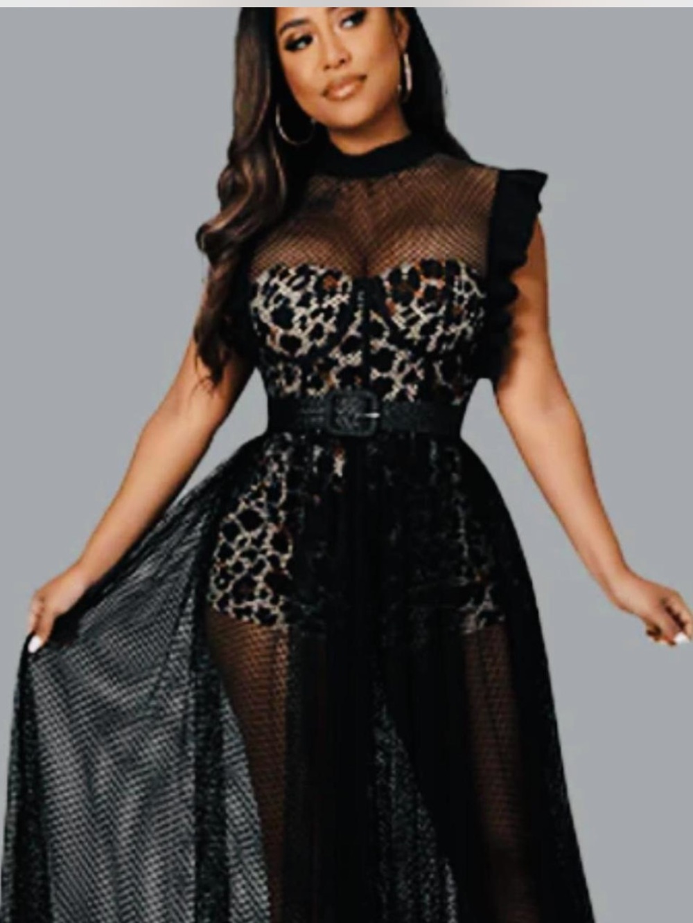 Black Leopard-Print Sheer Maxi Dress with Belted Waist